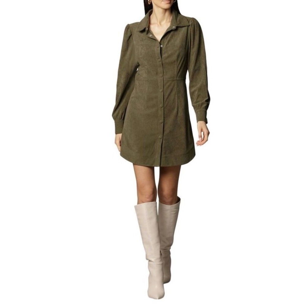 Avec Les Filles Shirt Dress Green Corduroy Long Sleeve Luxury Women's Small Mini